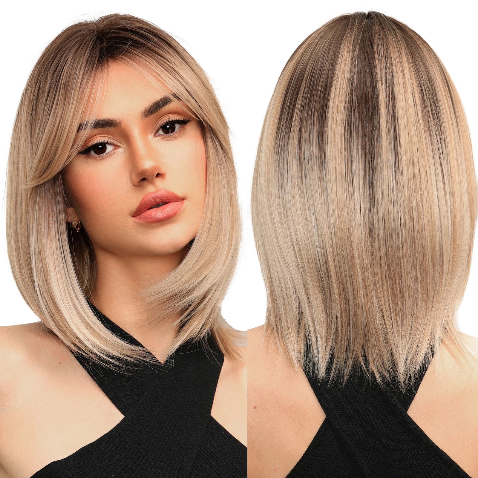 Wholesale Synthetic Short Ombre Blonde Brown Hair Wig with Bangs for Women Medium Length Straight Wig Daily Natural Looking