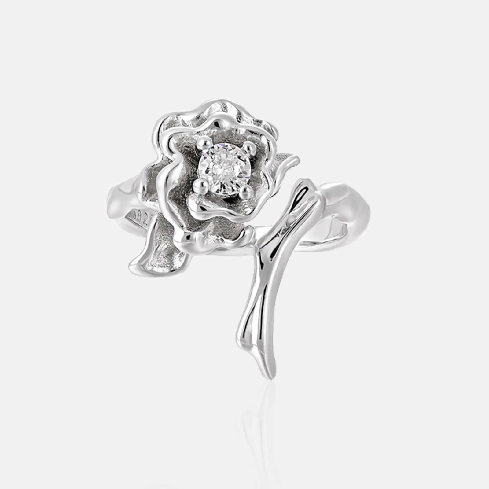 FUAMAY Fashion Vintage 925 Sterling Silver Bezel Setting Irregular Geometric Open Silver Rose Flower Rings for Wedding & Party