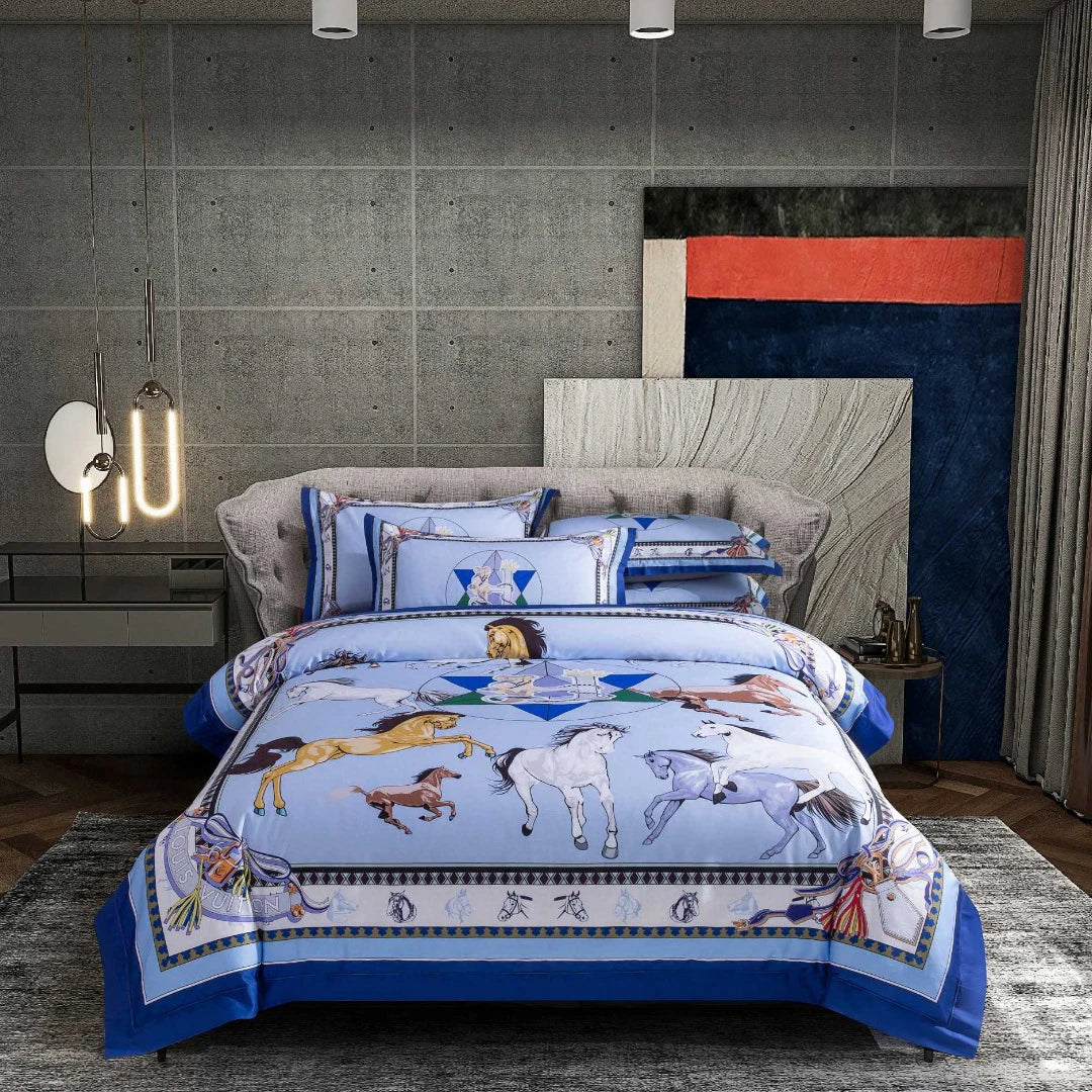 European Style White Pillow Cover 100% Cotton Blue Digital Printing Bed Sheet 4-piece Home Textile Bedding Set Supplier