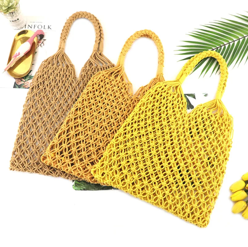 Cotton Rope Woven Waterproof Children's Shoulder Bag Macrame Mesh Net Beach Bag Crochet Knit Travel Fishing Net Handbag