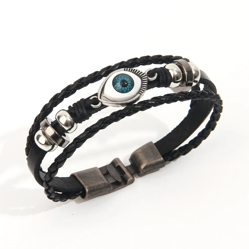 Retro Zinc Alloy Turkish Blue Eyes Leather Bracelet Wooden Beads Snap Button Multi-Layer Braided Bracelet Spot Wholesale