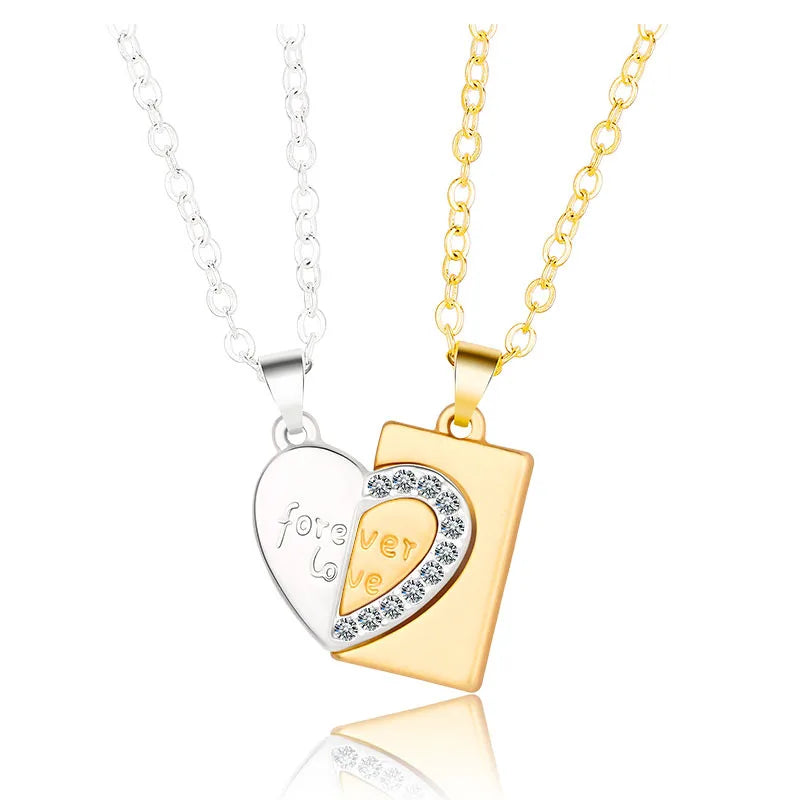 2Pcs/Set Trendy Couple Necklace for Lovers Fashion Letter Stitching Diamond Engraved Heart Pendant Women Statement Necklace