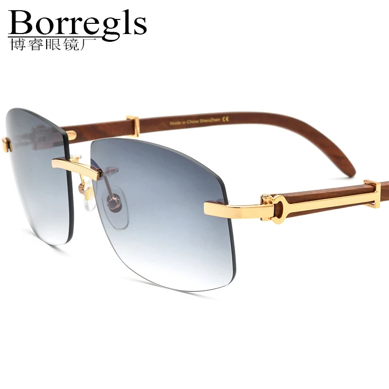 Borregls Rimless Square Wood Sunglasses Women Luxury Brand Designer Eyewear Frameless Sun Glasses for Men With Nylon Lens 150259
