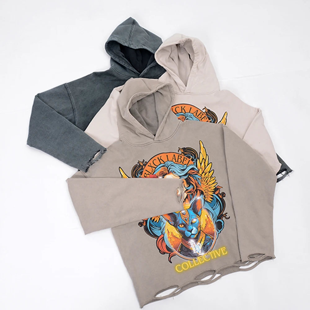 360gsm Cotton Distressed Vintage Heavyweight Hoodies Oversized Multi Color Acid Washed Cut Edge Hoodie Custom Hoodies Puff Print