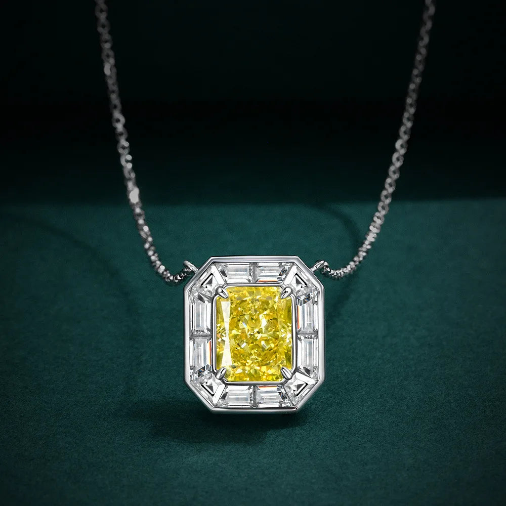 2023 New Fine Jewelry Necklaces 925 Sterling Silver 10X10 Princess Flower Goose Yellow Diamond Pendant Necklace
