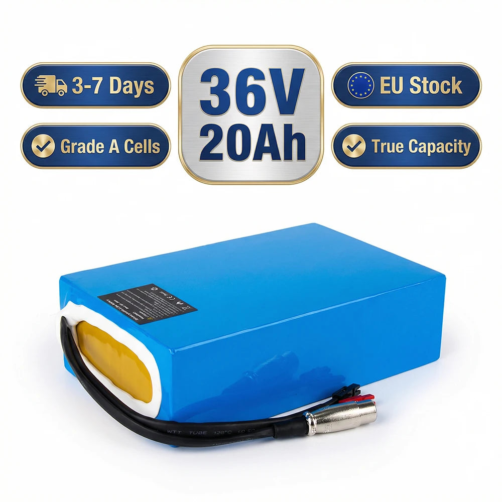 German Stock 36V 20Ah Blue Rectangular Lithium Battery with 2600mAh 10s8p China Cells 20A BMS & 3A Big Warhead Plug