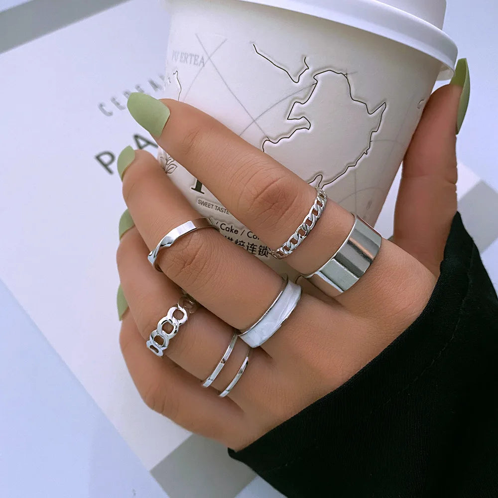 6pcs/set Women Fashion Hip Hop Knuckle Finger Ring Vintage Chain Open Geometric Drip Rings Set Combination Ring Set