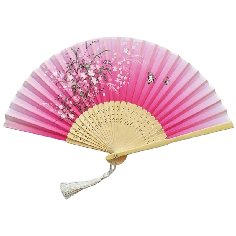 Wholesale Hand Fan Stock Folk Art Nice Quality Flower Designs Bamboo Silk  Folding Fan