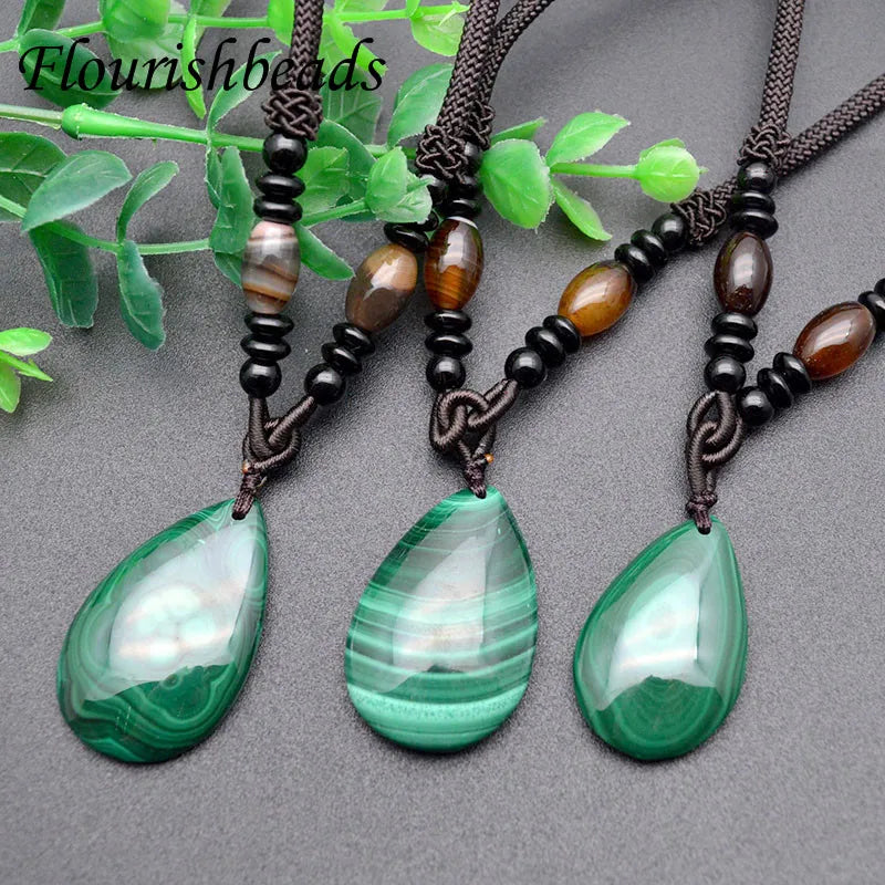 Natural Gem Stone Malachite Flat Pear Shape Pendant with Agate Rope Chains Necklace for Women Girl