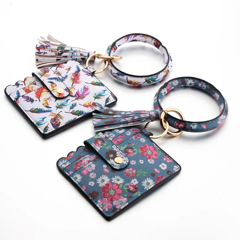 Pu Leather Credit Card Holder Wallet Keychain Large Circle O Bracelet Bangle Key Ring Women Wristler with Tassel MegaBDM