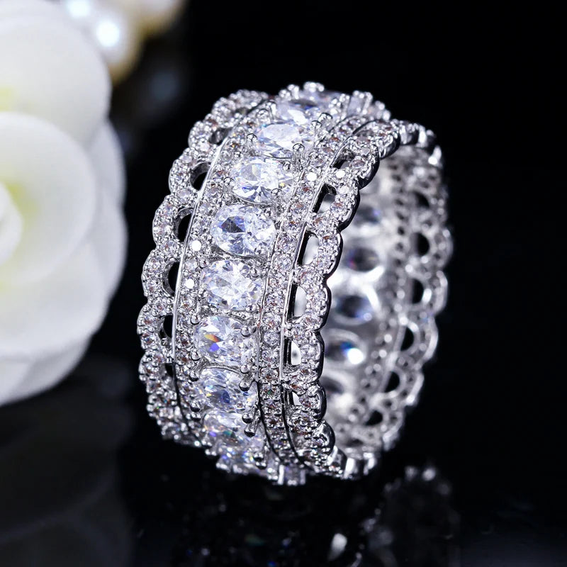 Luxury Wide Circle White Gold Plated  Rings Oval Cut Cubic Zirconia Round CZ Ring Engagement Wedding Jewelry for Women