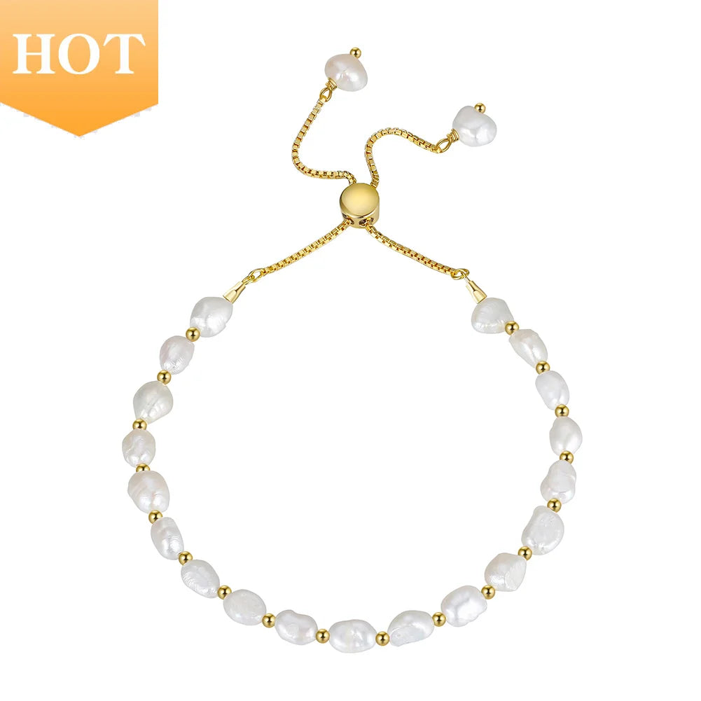 RINNTIN GPB09 Genuine 925 Sterling Silver Pearl Bracelet Chain Link Baroque Pearl Beads 14K Gold Bracelet Brazalete for Women