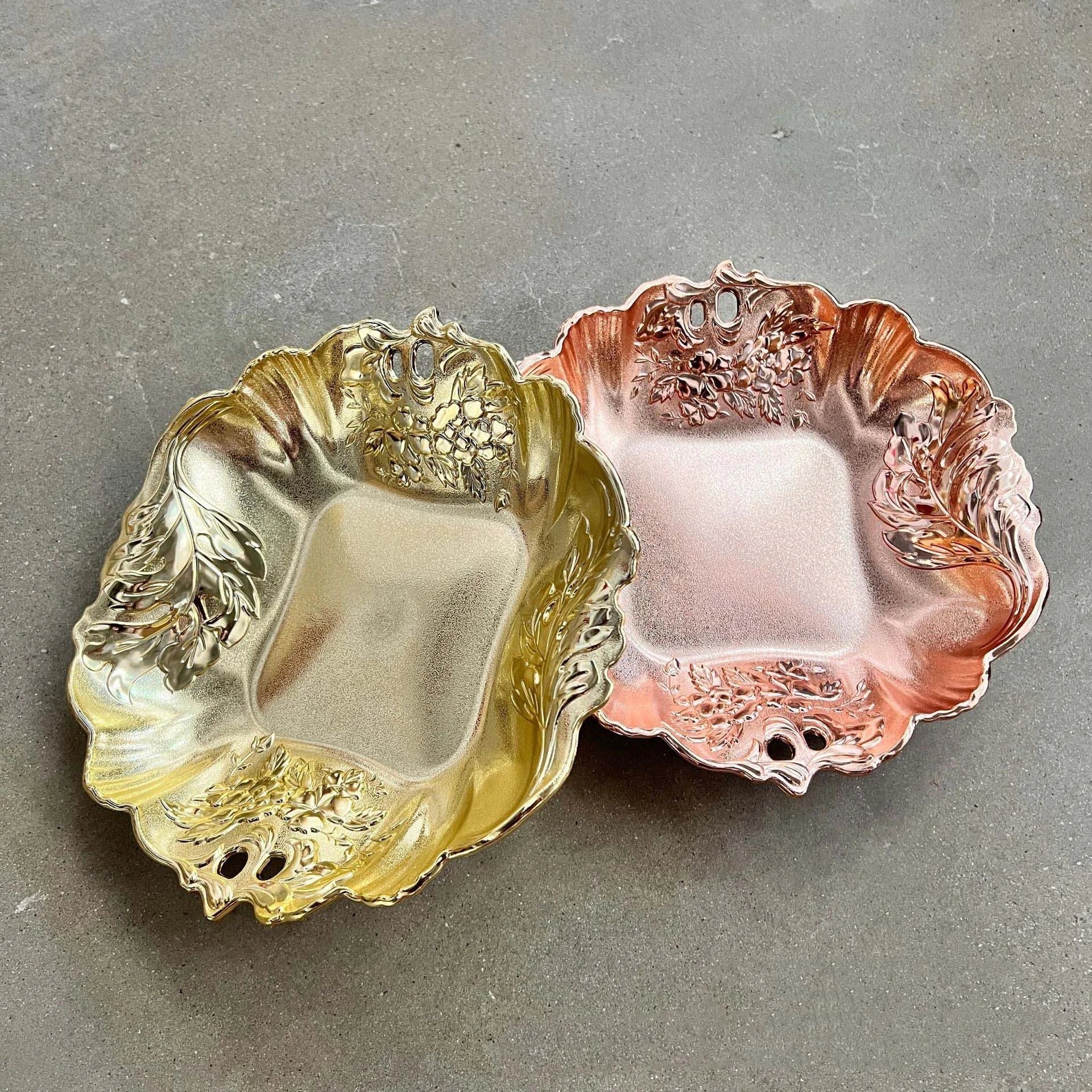 11" Gold Double Plating Courtly Irregular Lace Skeleton Floral Pattern Tray Decor Fruit Dish Bowl Decorative Charger Plate