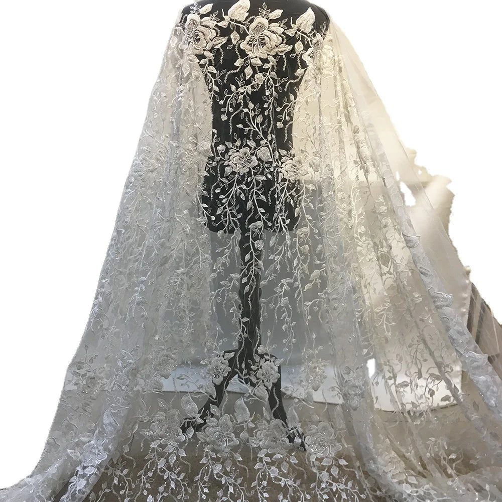 Ivory French White Embroidery Tulle Wedding Lace Fabric Fully Beaded Bridal Lace Fabric for Party Dress