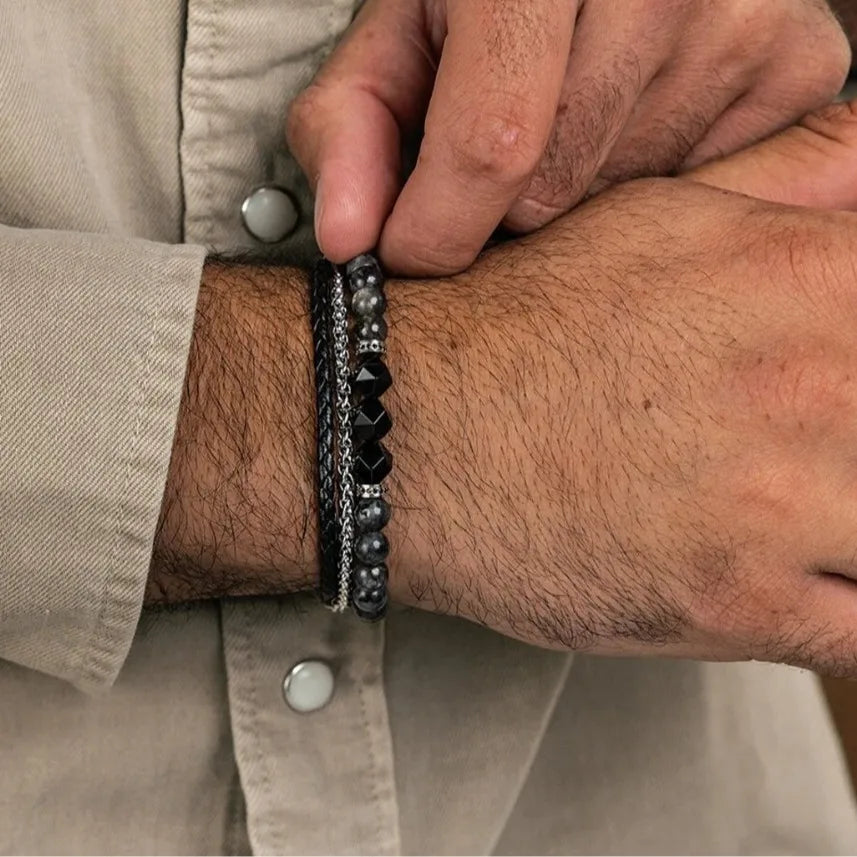 Hematite Larvikite Small Thin Natural Stone Bead Bracelet Set for Men Fashion Jewelry