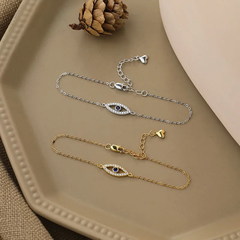 Trendy Jewelry Hollow Out Devil's Eye 925 Sterling Silver Eyes Gold Plated Blue Eye Charm Bracelet Women