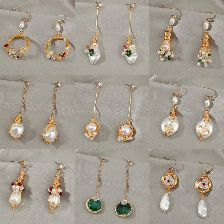 G1646 Vintage Fashion Jewelry Handmade Wire Wrap Long Tassel Drop Stud Earrings Elegant Flower Butterfly Pearl Earring