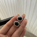 Retro 925 Sterling Silver Geometric Black Agate Oval Round Women Female Stud Earrings for Girls Women