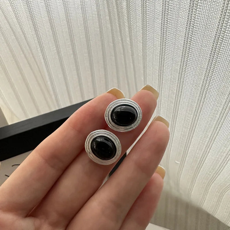 Retro 925 Sterling Silver Geometric Black Agate Oval Round Women Female Stud Earrings for Girls Women