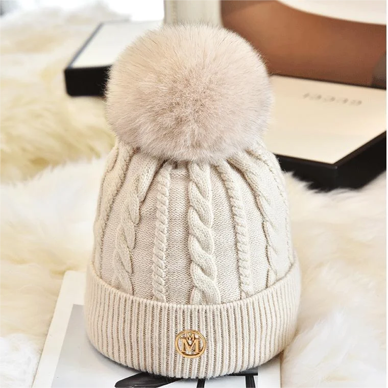 Winter New Large Custom Fur Bobble Pom Pom Hats Girl Real Fur Ball Beanie