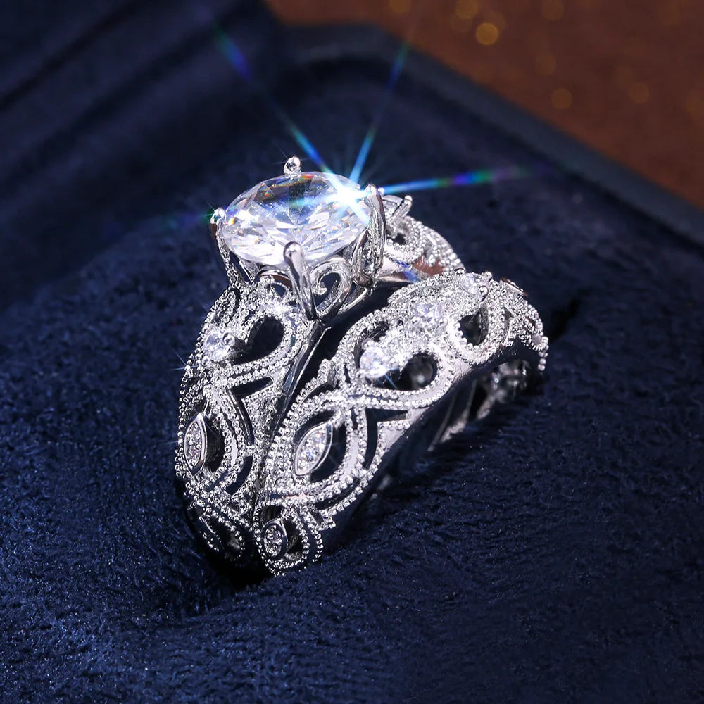 CAOSHI Unique Hollow Design Ring Sets Ladies Round Cut Cubic Zircon 925 Sliver Plated Engagement Wedding Ring Set Woman