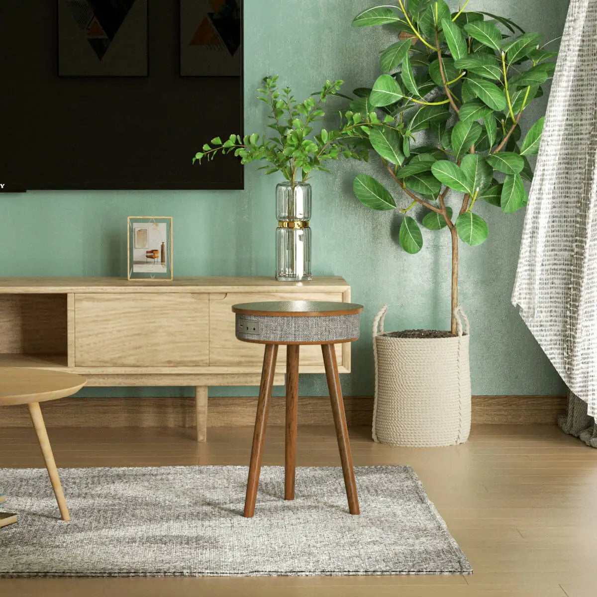 HOMEMORE Smart Modern Round Wood Side Table Outdoor Indoor Human Induction Lamp Music Speaker Coffee Table With Wireless Charger