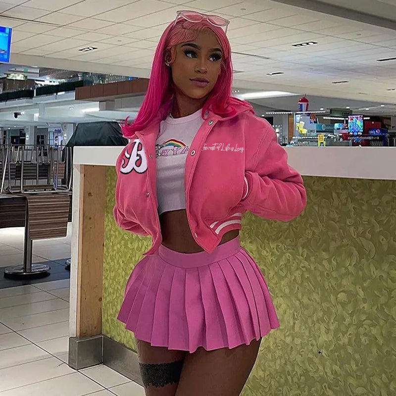 100% Polyester Yk2 2026 Spring Printed Long Sleeve Baseball Jacket Feminine Sexy Casual Short Top Varsity Jacket Women
