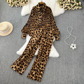 Fashion Suit Light Mature Temperament Lantern Sleeve Leopard Print Pleated Shirt Two-piece High Waist Wide Leg Pants Suit