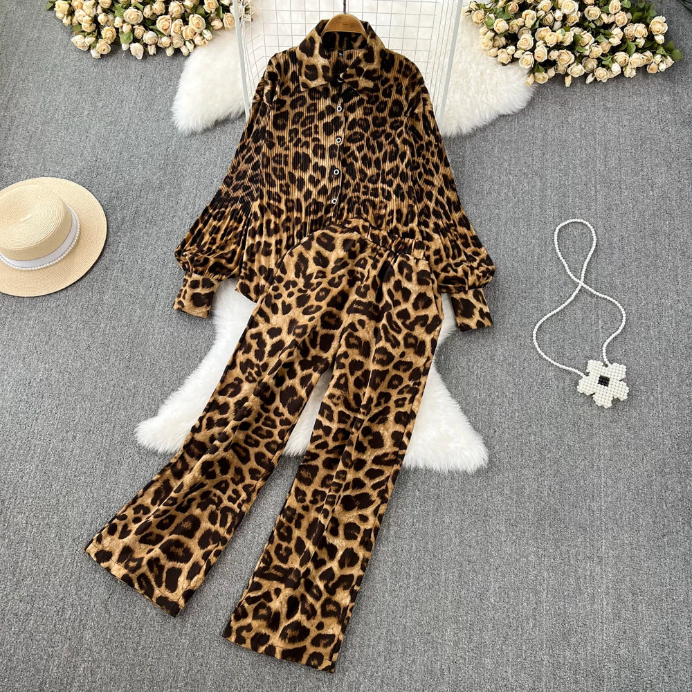Fashion Suit Light Mature Temperament Lantern Sleeve Leopard Print Pleated Shirt Two-piece High Waist Wide Leg Pants Suit