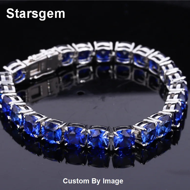 Starsgem Custom Women Man 18K Gold Plated Sterling Silver S925 Royal Blue Sapphire Bracelet