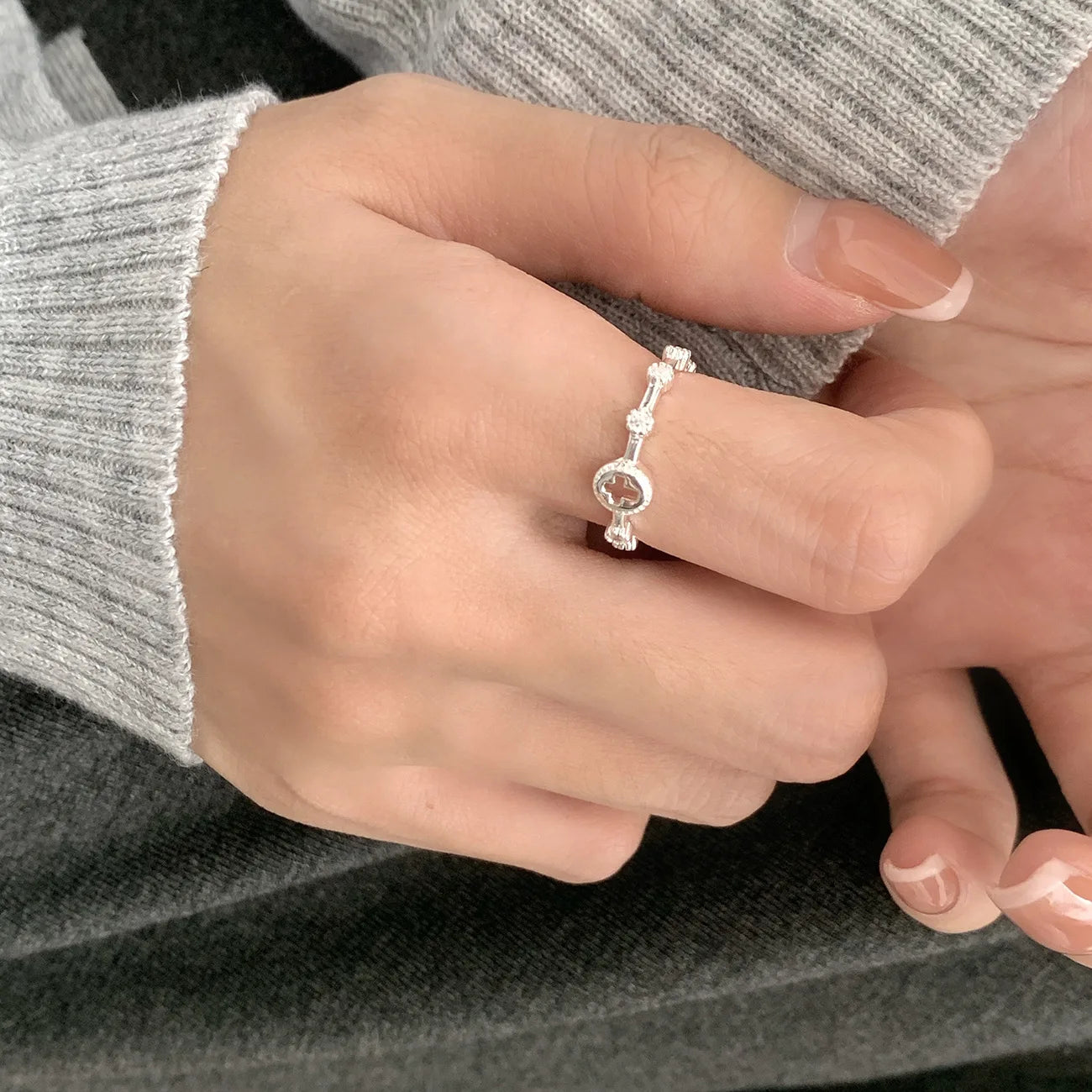Vianrla S925 Sterling Silver Hollow Cross Round Diamond  Female Korean Style Fashionable Exquisite Versatile  Adjustable Ring