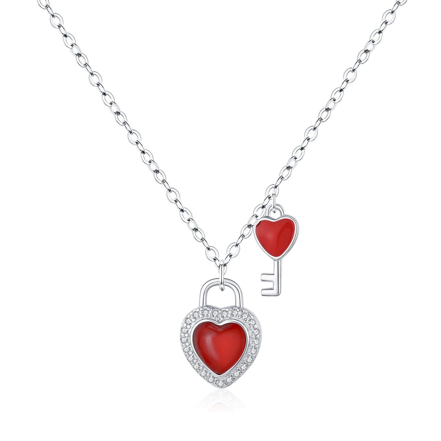 High Quality Heart Pendant Clavicle Chain 925 Sterling Silver Romantic Sweet Red Love Lock Key Necklace for Valentine's Day Gift