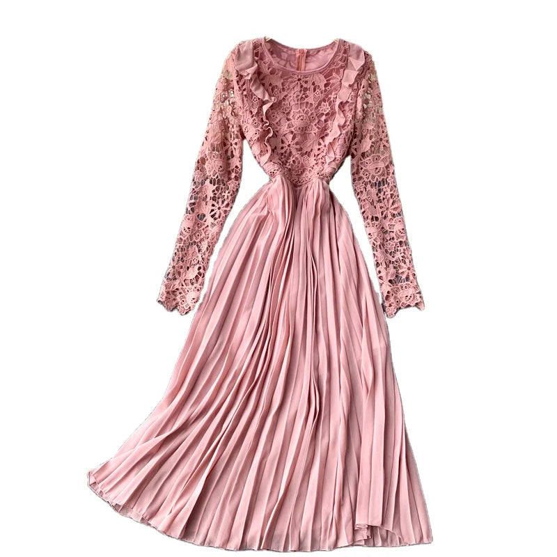 Elegant Lace Patchwork Hollow Out Dress Women High Waist Hip a Line Long Spring O Neck Long Sleeve Pullover Robe Casual Holiday
