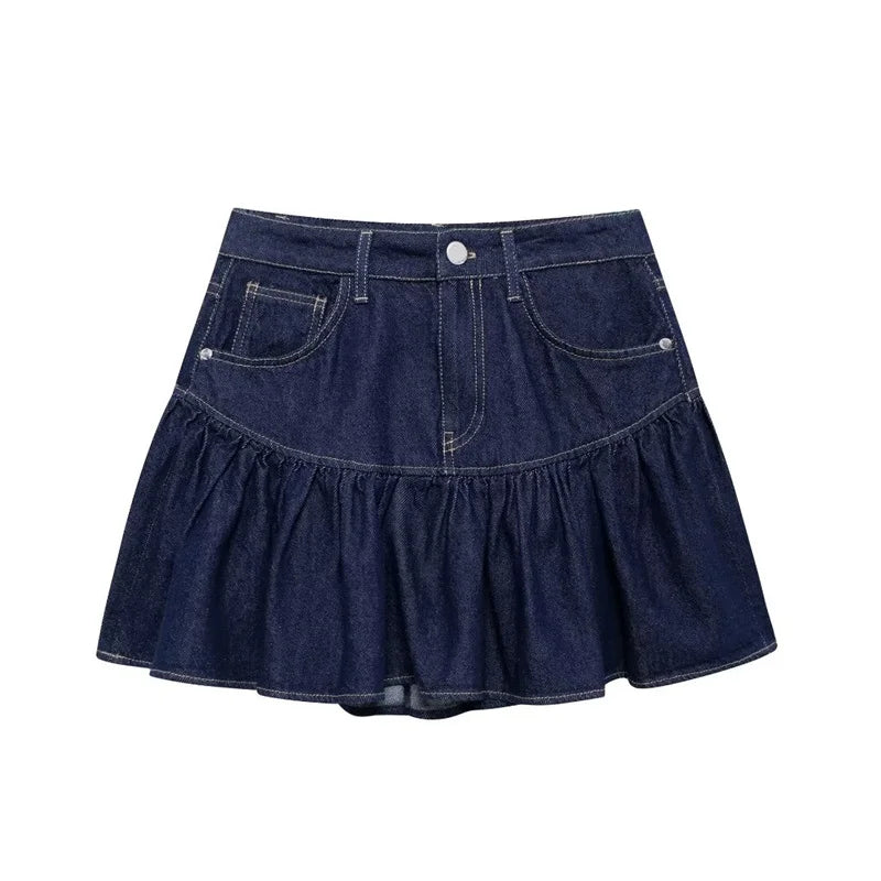 ZATRHMBM Women's Casual Blue Denim Mini Skirt 2024 High Waist Pleated Ruffled Short Skirt Fabric Woven