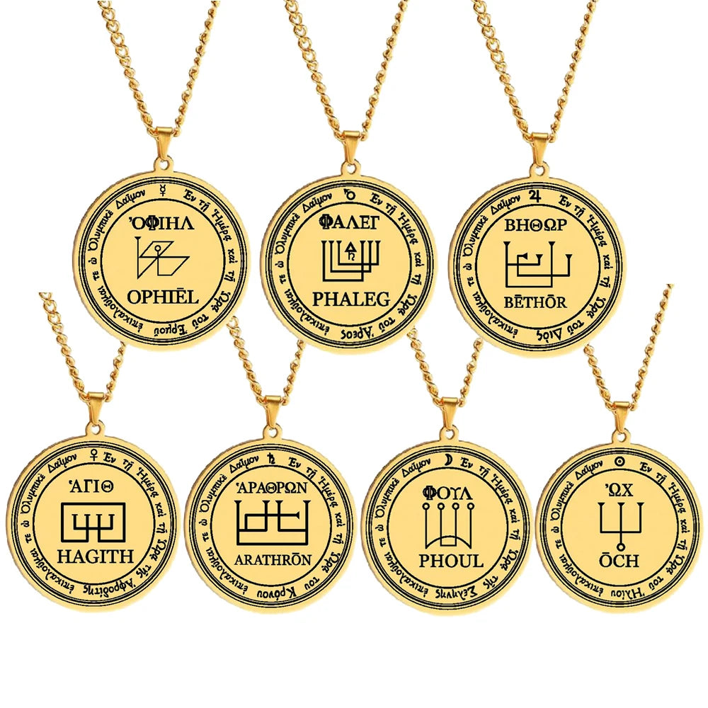 Gold Seals of the Sigil Seven Olympian Spirits PHALEG ARATHRON BETHOR OPHIEL OCH HAGITH PHUL Stainless Steel Pendant Necklace