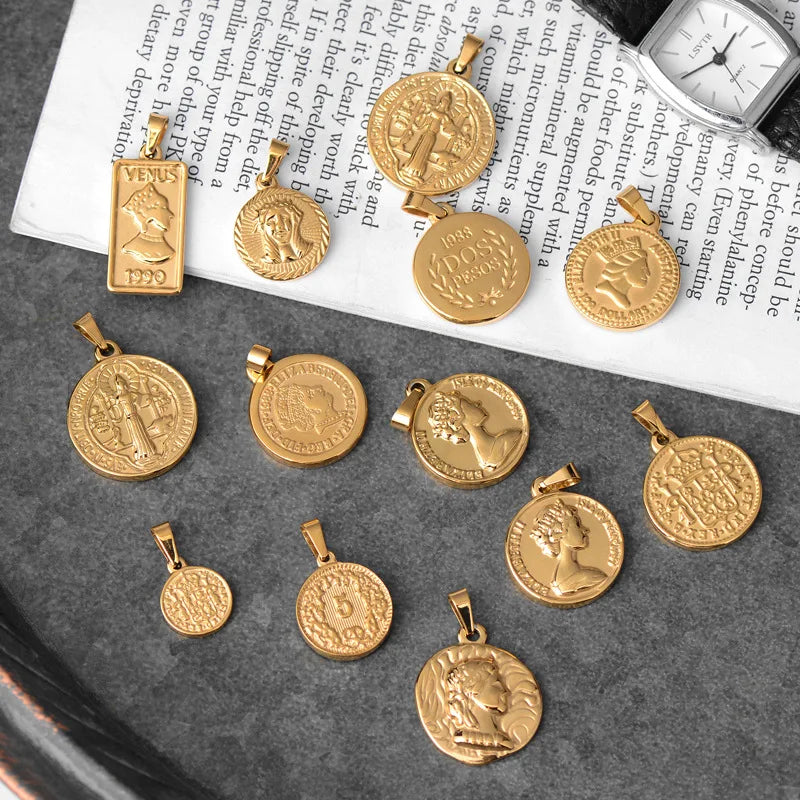 Roman Coin Stamp 18k Gold Plated Pendant Vintage French Coin Pendant Charms for Necklace Bracelet Jewelry Making Supplies
