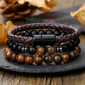 Hip Hop Punk Beaded Men's Bracelet Set with Stacked Black Agate Tiger Eye Leather Magnetic Buckle Bracelet