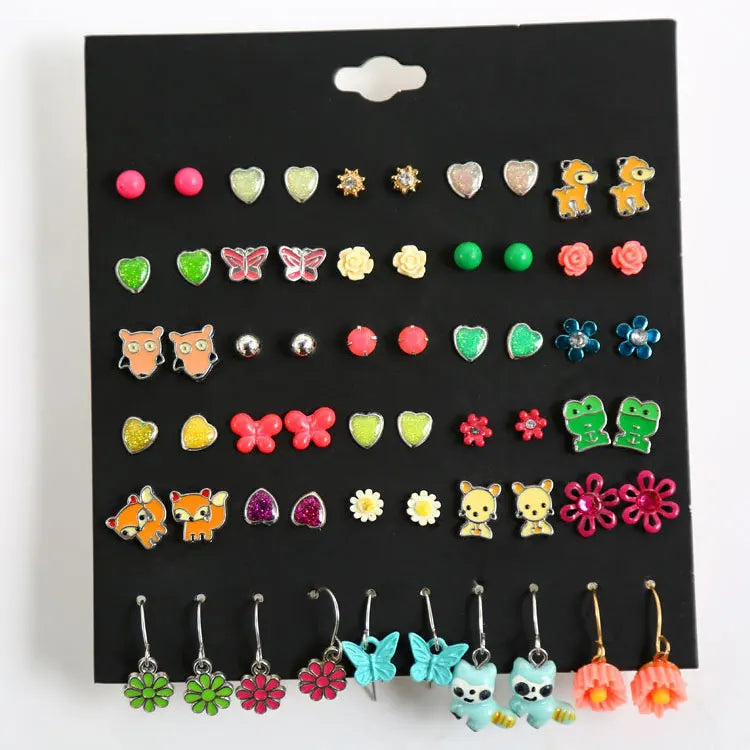 SC Wholesale 30 Pairs Kids Earrings Set Colorful Acrylic Frog Fox Cattle Love Heart Flower Butterfly Stud Earrings for Girls
