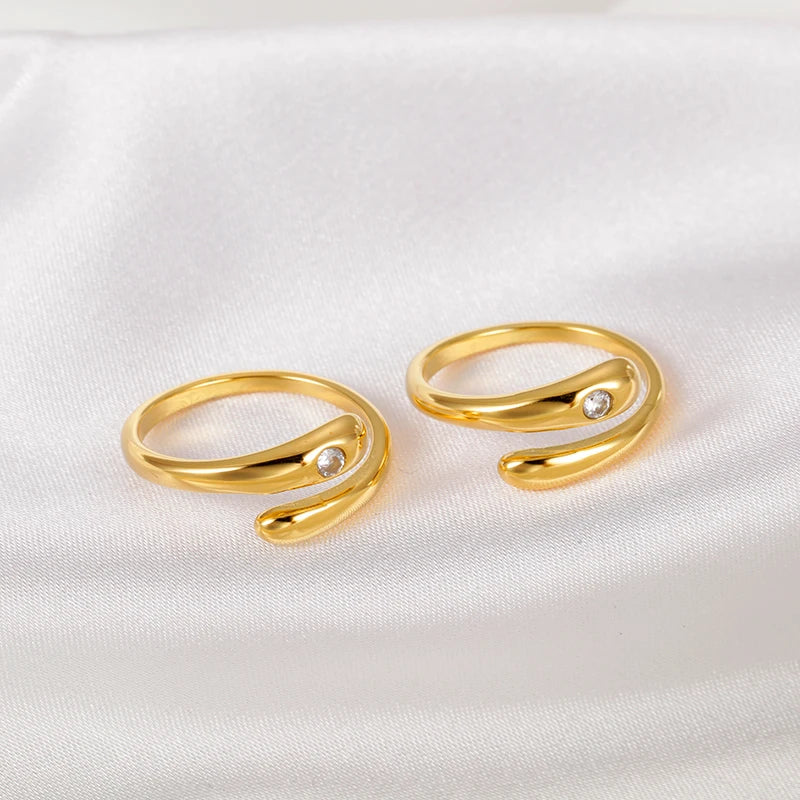 Designer Style Irregular Stainless Steel 14K Gold Plated Snake Shape Zircon Minimalist Adjust Ring for Women