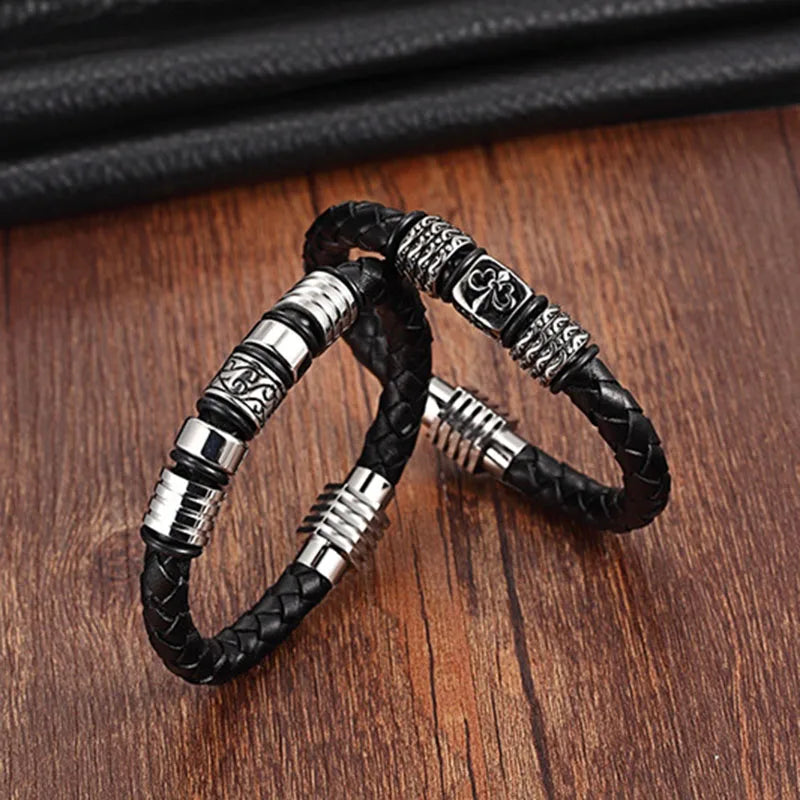 Hot Selling Jewelry New Design Classic Stainless Steel Clasp Real Genuine Leather Bracelet Men Bangle BXG151-156