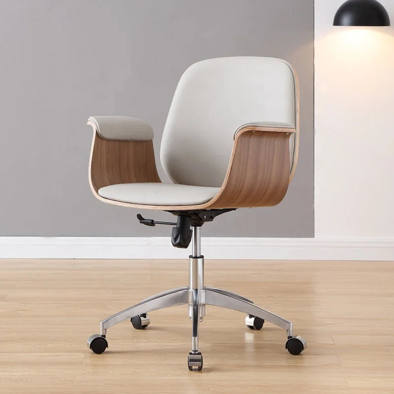 2025 Contemporary Swivel Bentwood Office Dining Chair Low Back Fixed Armrest Headrest Synthetic Leather Aluminum Frame