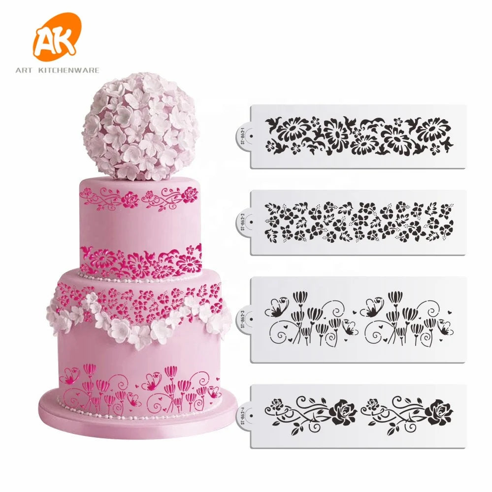 AK 4pcs/set Flower Custom Royal Icing Stencil Food Grade Laser Cut Plastic Painting Stencil Template Lace Cake Stencils ST-862
