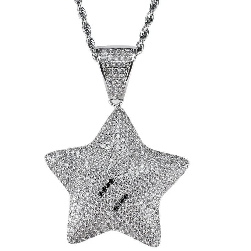 Western Style Hip Hop Pentagon Star Inlaid Zircon Copper Pendant With Stainless Steel Twist Chain