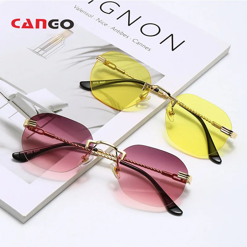 Trendy Men's UV400 Round Oval Sunglasses Gold Metal Frame with Gradient Lenses Cheap Rimless Polycarbonate Sun Glasses