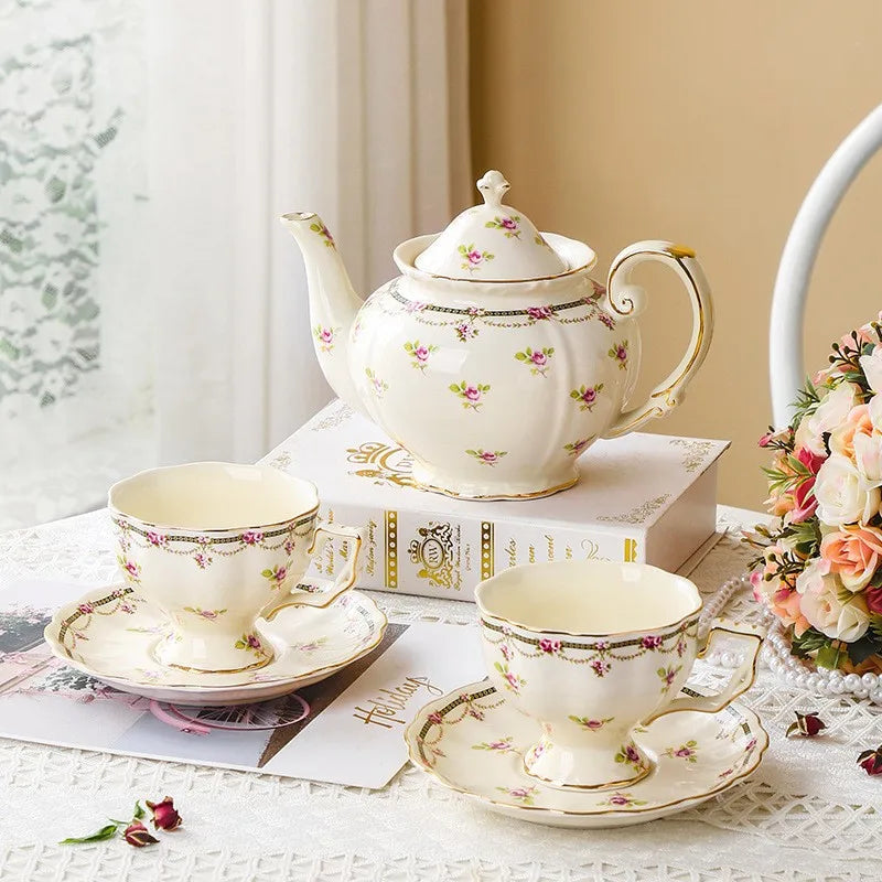Qian Hu 2025 New Arrival 2022 Vintage British Floral Tea Pot High Ceramic/Porcelain Afternoon Tea Cup Saucer Set Home Use
