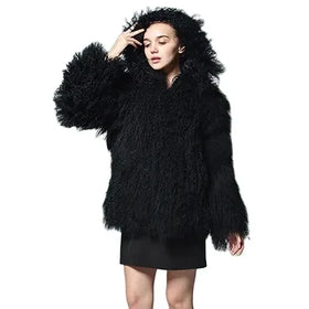 MWFur Fashionable Mongolian Sheep Loose Coat Winter Mongolian Lamb Fur Coat for Woman Fur Long Sleeve Hat for Ladies