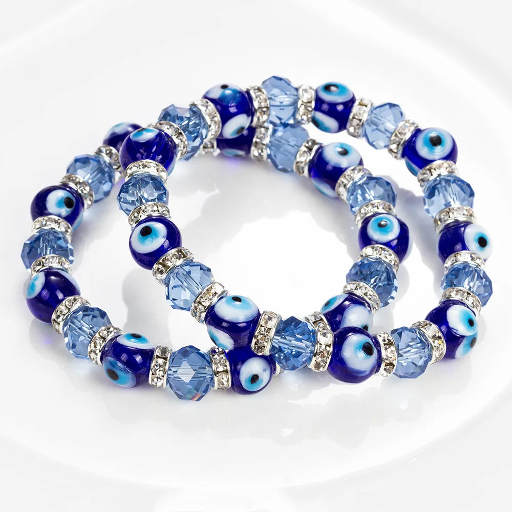 Dainty Adjustable Rhinestone Glass Blue Evil Eye Beads Bracelet Jewelry for Woman
