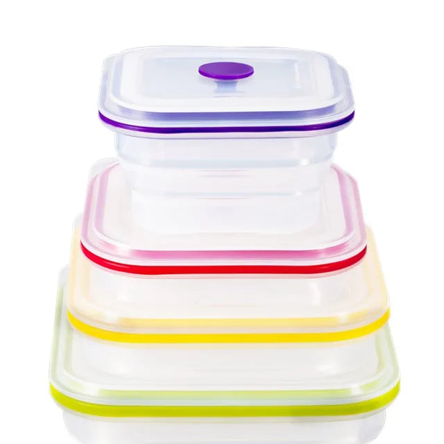 Hot Sale Square Collapsible Food Storage & Container Reusable Microwave Transparent Foldable Silicone Bento Lunch Boxes for Kids