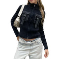 New Arrival Fall Zip up Knitted Sweater Long Sleeve Skinny Top Streetwear Turtleneck Knit Sweater Cardigan With Pocket