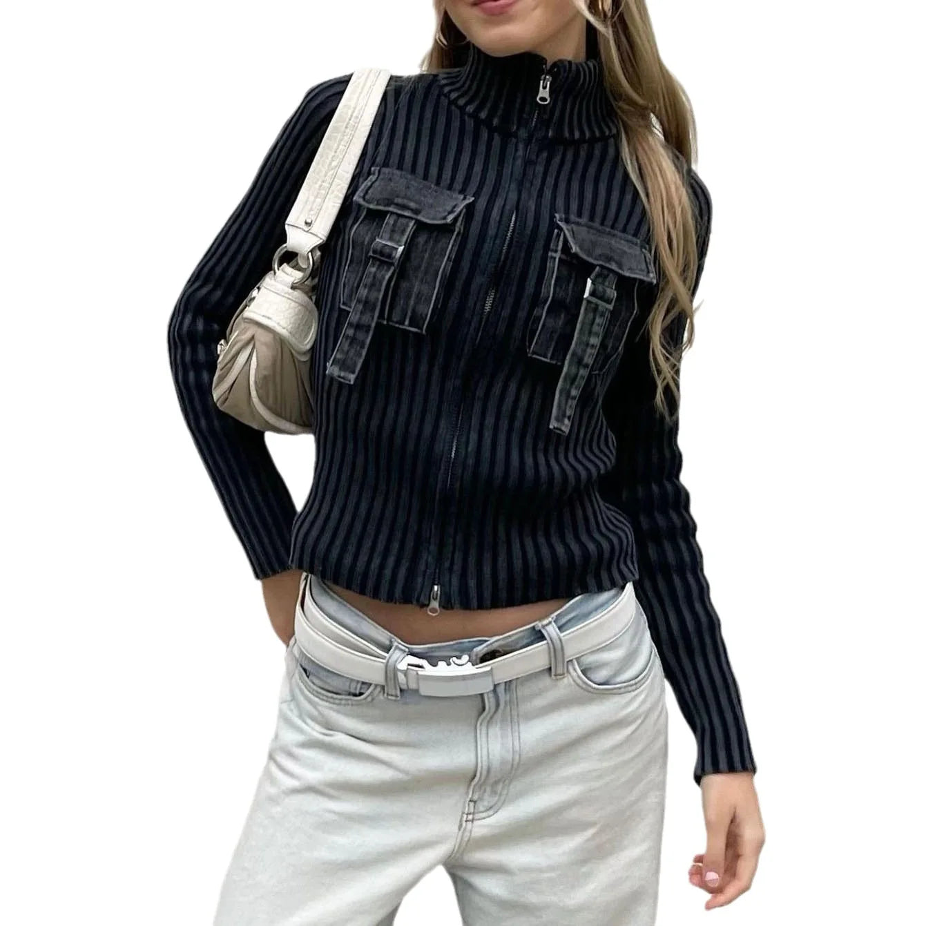 New Arrival Fall Zip up Knitted Sweater Long Sleeve Skinny Top Streetwear Turtleneck Knit Sweater Cardigan With Pocket
